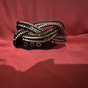 Black & Rhinestone Cloth Snap Closure Cuff Bracelet.